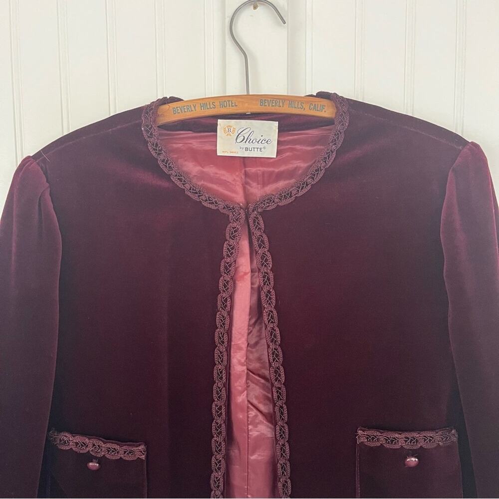 Vintage Velvet Jacket Maroon Burgundy Embellished Victorian 70s Pockets Fancy